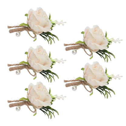 5PCS Wedding Boutonniere Pin Fixed Plastic Artificial Flower Corsage for Bride and Groom Champagne