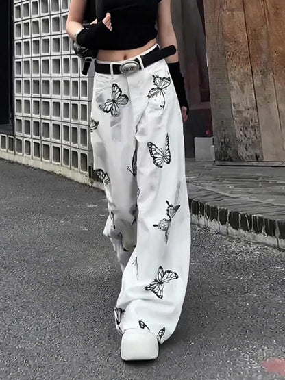 Casual Pants Butterfly Tie-dyed Wide-leg Women's White