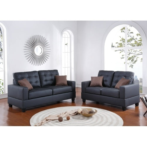 Wohnzimmermöbel 2-teiliges Sofa-Set, schwarzes Kunstleder, getuftetes Sofa, Zweisitzer mit Kissen, Couch