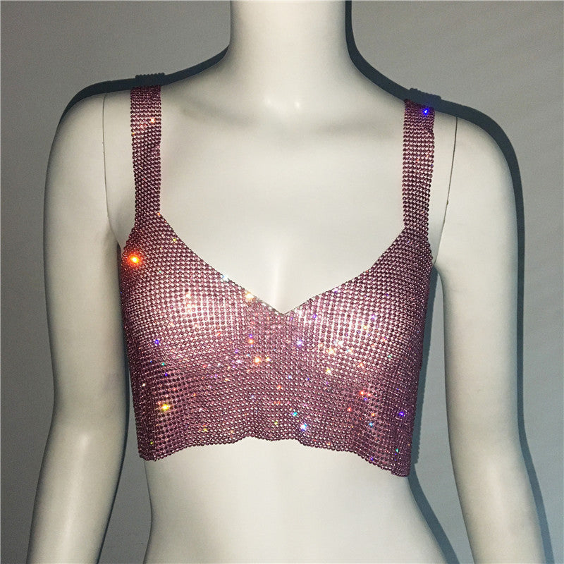 Deep V Sexy Rhinestone Metal Camisole Split Short Top