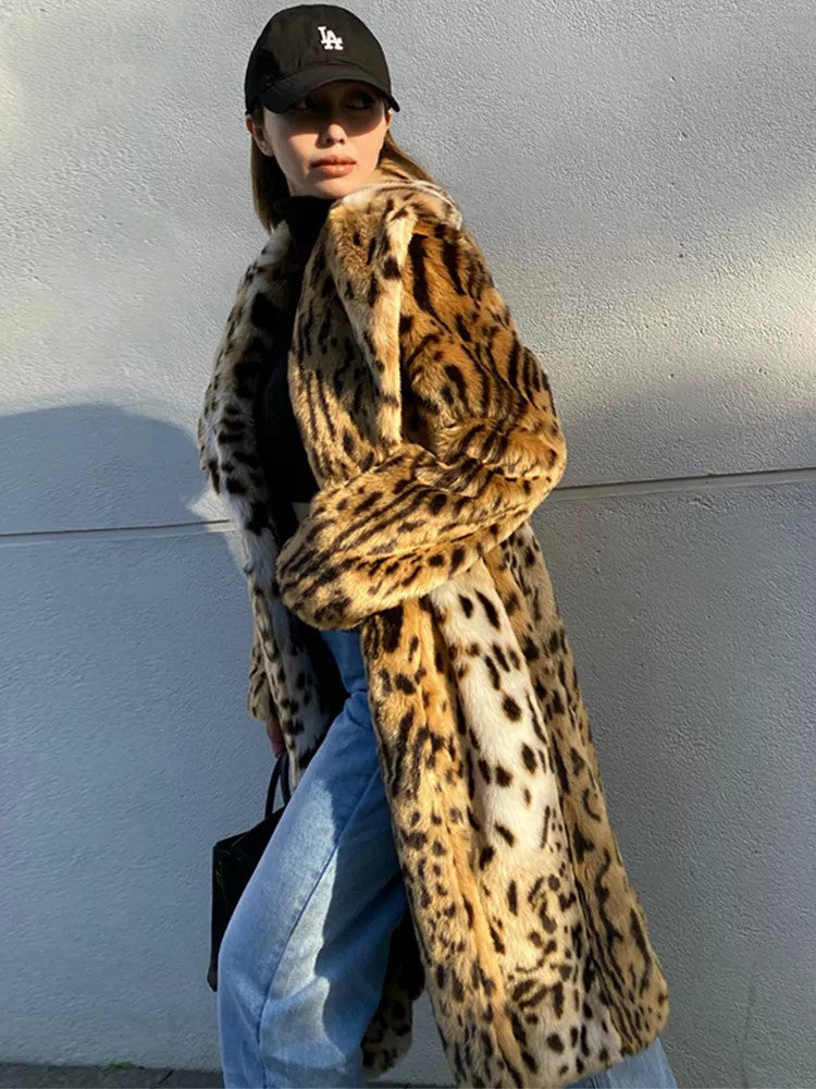 New Leopard Print Faux Fur Coat Women