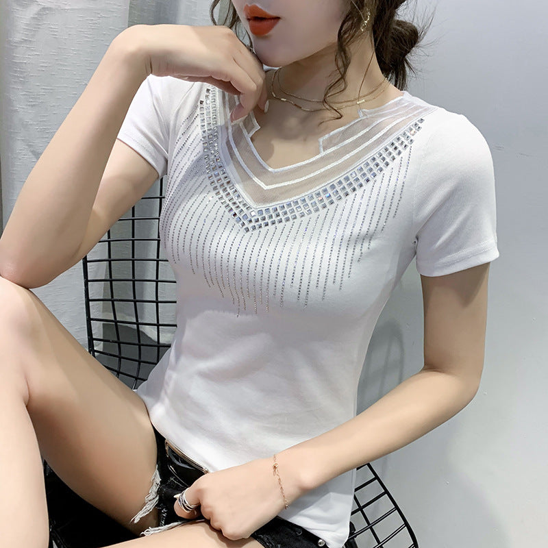 Mesh V-neck Patchwork T-shirt Women's Short Sleeve