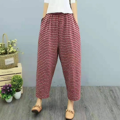 Cotton And Linen High Waist Harem Ankle-length Baggy Pants Artistic Plaid Loose Baggy Pants Women