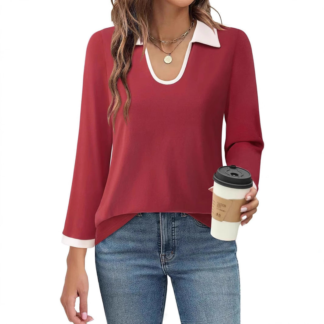 Color Matching Lapel Long Sleeve Top Women