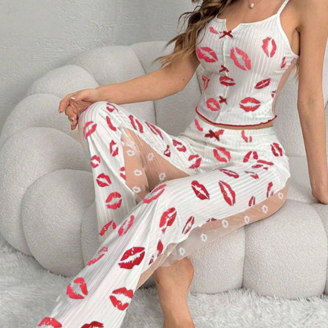 Printed Color Contrast Patchwork Pajamas Front Split Sling