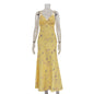 Yellow Sleeveless Cold-shoulder High Waist Deep V Print Dress