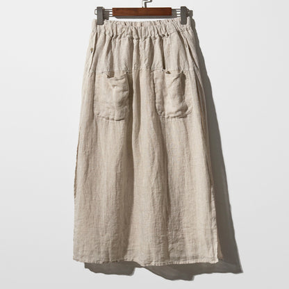 Design Double Pocket Large Size Elastic Waist Elegant Skirt Pure Linen Wide Leg Culottes