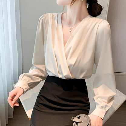 V-neck Satin Long-sleeved Shirt Women's Professional Bottoming Shirt