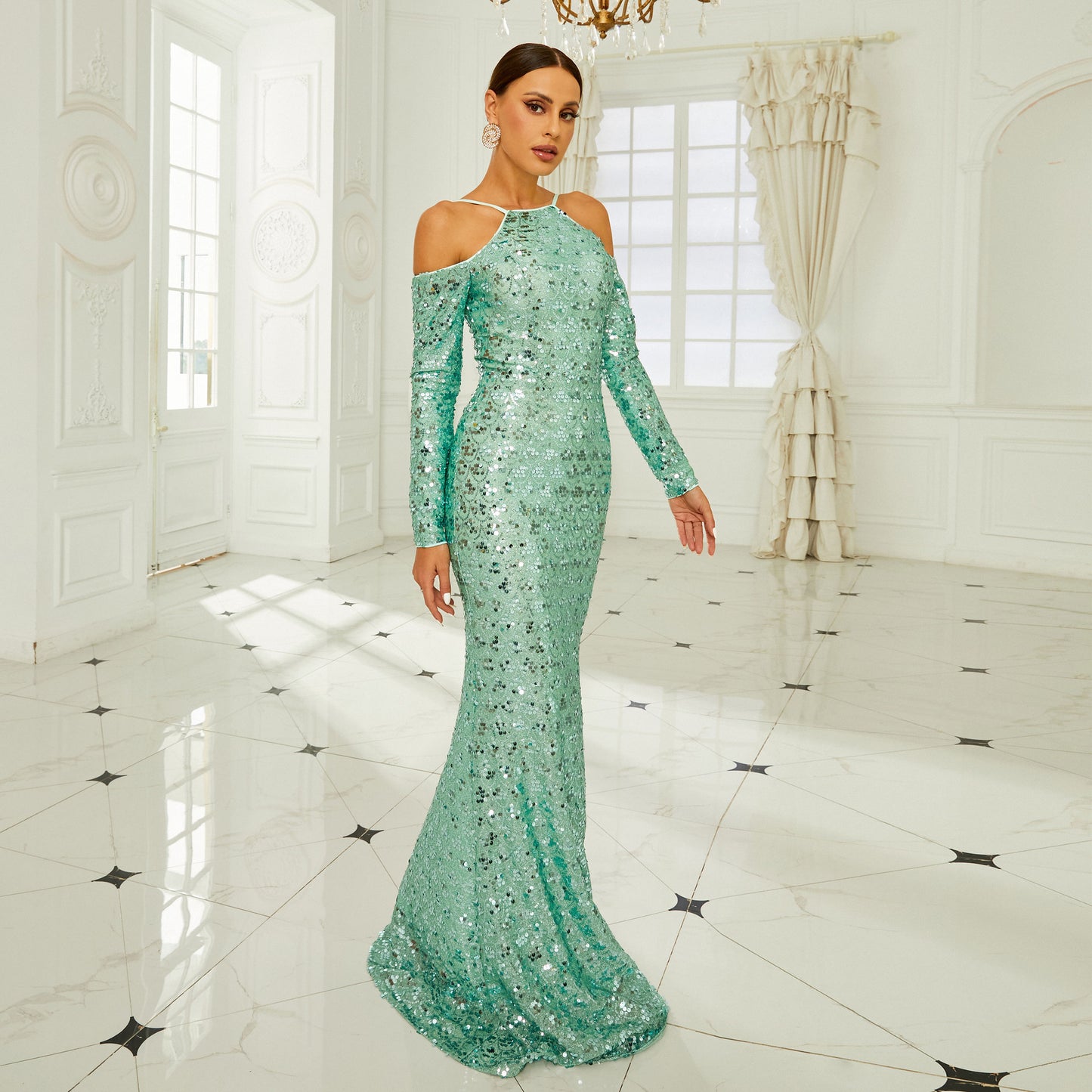 Long Sleeve Off-the-shoulder Banquet Sequined Sheath Fishtail Dress