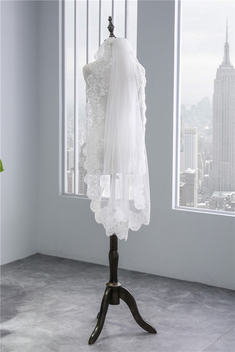 Short Veil Soft Mesh Sequined Lace White Ivory