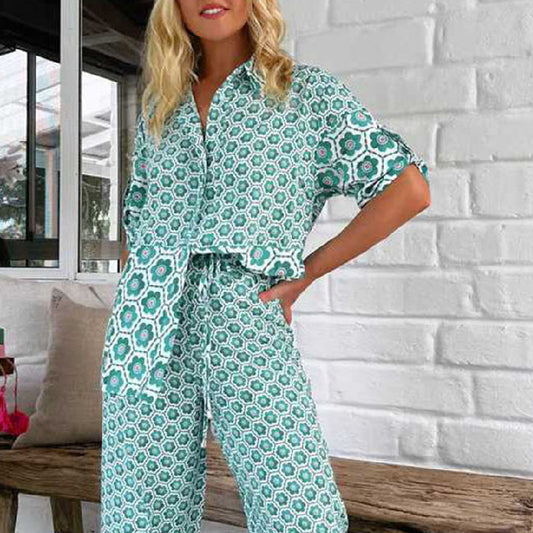 Printed Casual Fashion Shirt Wide Leg Pants Suit