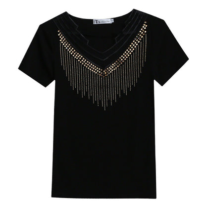 Mesh V-neck Patchwork T-shirt Women's Short Sleeve