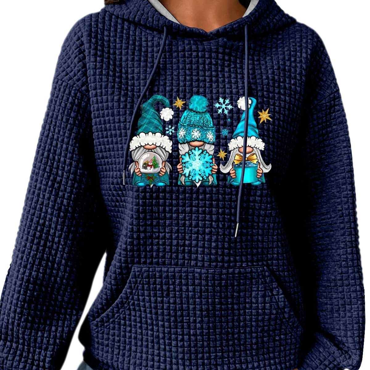 Women's Hooded Long-sleeved Patchwork Waffle Sweater