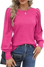 Rib Fabric Round Neck Bubble Shoulder Long Sleeve T-shirt Top