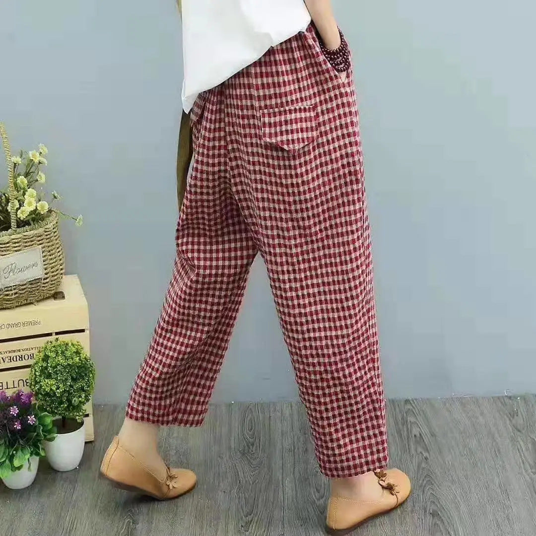 Cotton And Linen High Waist Harem Ankle-length Baggy Pants Artistic Plaid Loose Baggy Pants Women