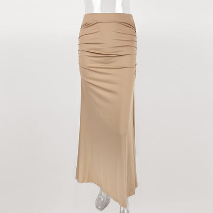 European And American Sexy Slim Hip Pleated Wide Hem Long Dress