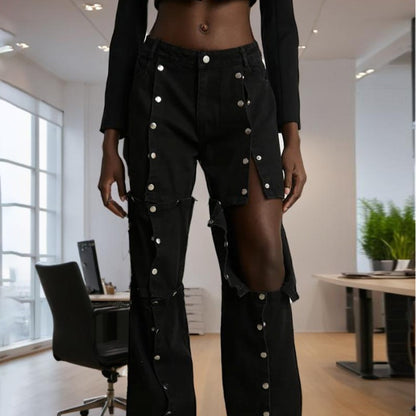 New Detachable Multi-button Design Irregular High Waist Jeans