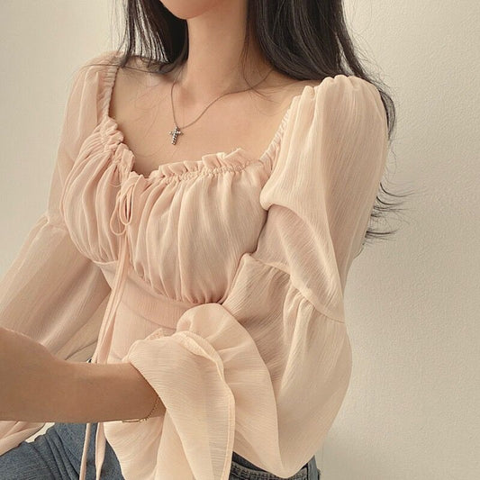 Early Spring French Minority Stringy Selvedge Lace-up Square-neck Cinched Bell Sleeve Chiffon Shirt Short Shirt