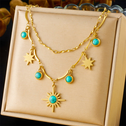 Retro Turquoise Eight-pointed Stars Clavicle Necklace Double Layer