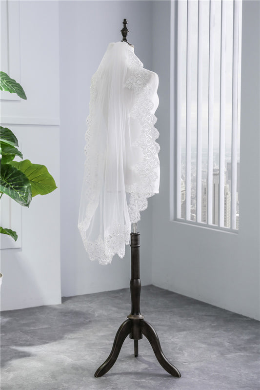 Short Veil Soft Mesh Sequined Lace White Ivory