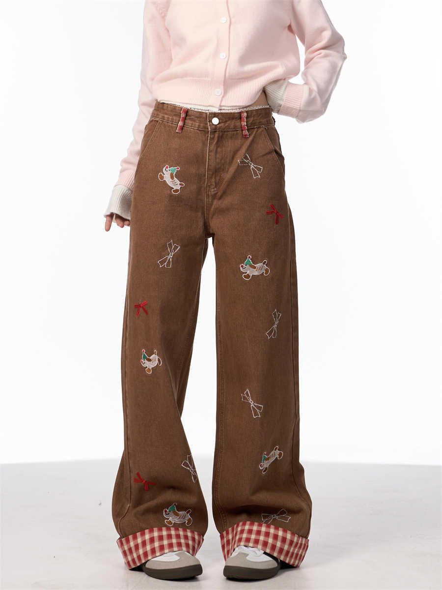 Vintage Bow Puppy Embroidered Wide Leg High Waist Jeans