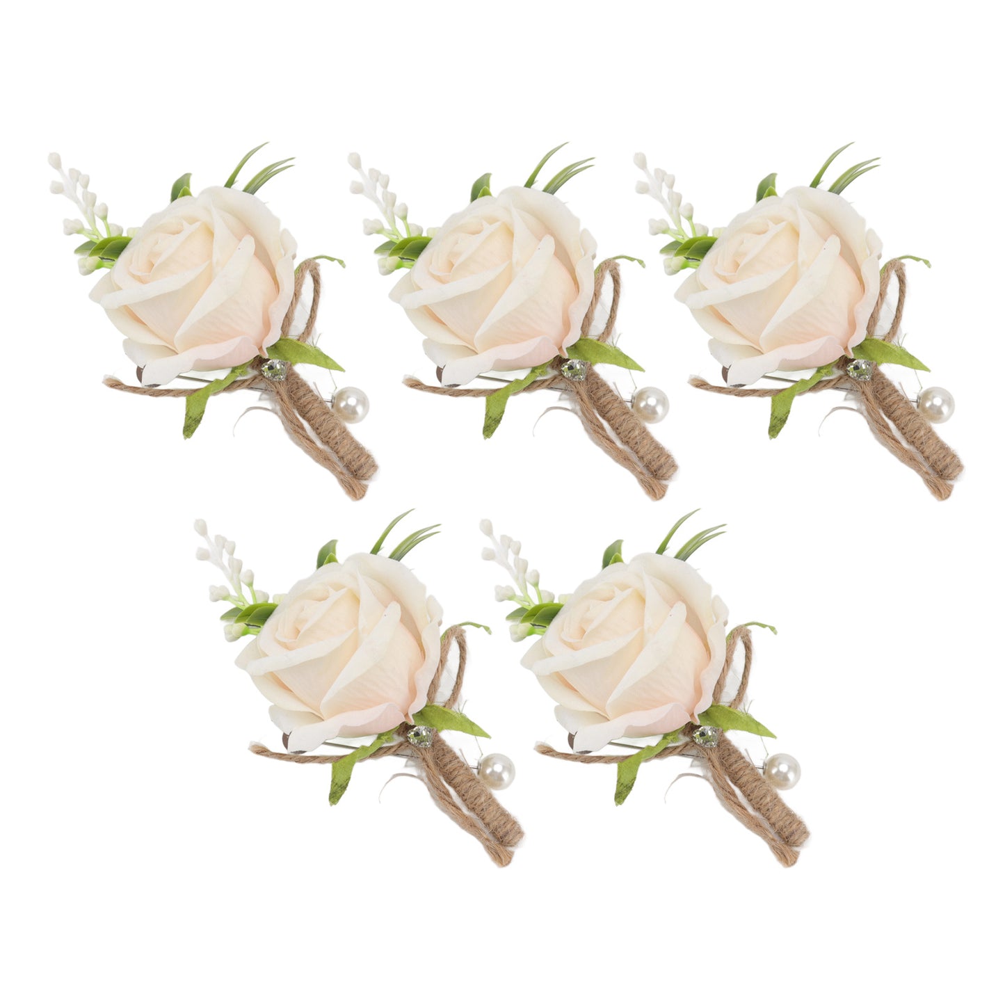 5PCS Wedding Boutonniere Pin Fixed Plastic Artificial Flower Corsage for Bride and Groom Champagne