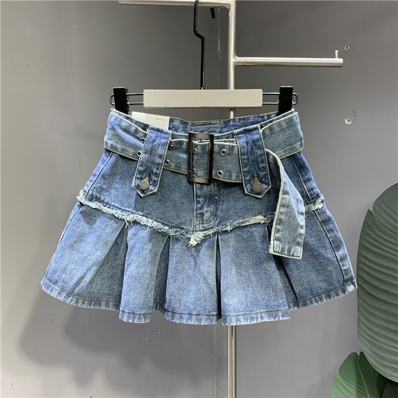 Retro Light Blue Sweet Girl Pleated Denim Skirt Small Slim A- Line Skirt