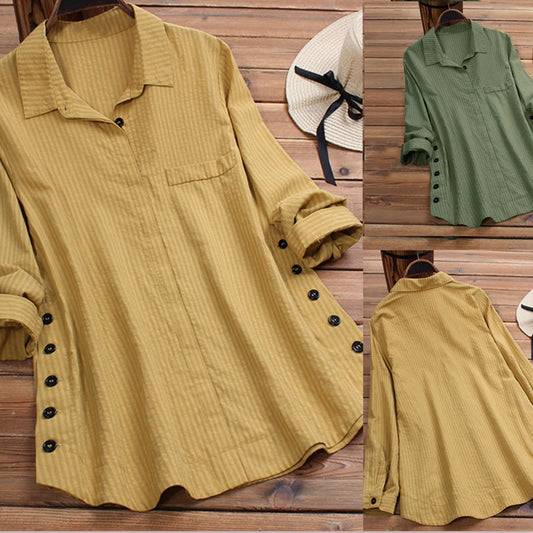 New Women's Solid Color Striped Button Top