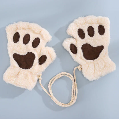 Women Plush Cat Paw Claw Gloves Warm Bear Paw Fingerless Mittens Winter Gloves