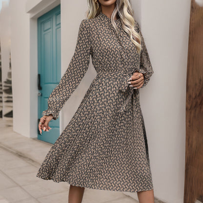 Women's Ruffled Printed Long Sleeve Lace-up Dress