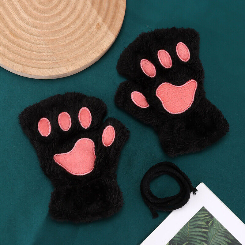 Women Plush Cat Paw Claw Gloves Warm Bear Paw Fingerless Mittens Winter Gloves