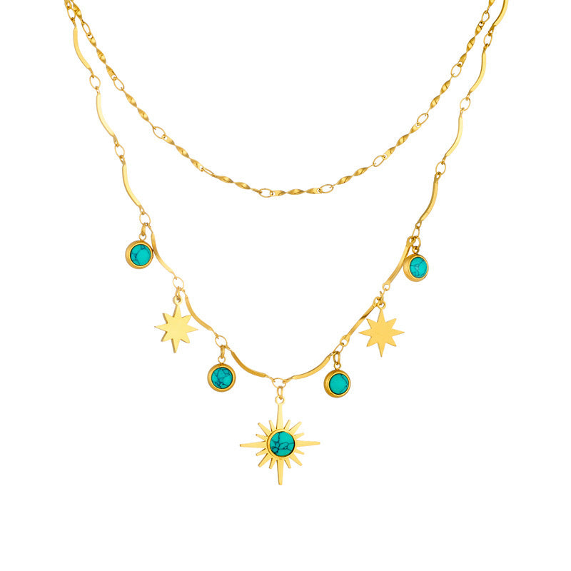 Retro Turquoise Eight-pointed Stars Clavicle Necklace Double Layer