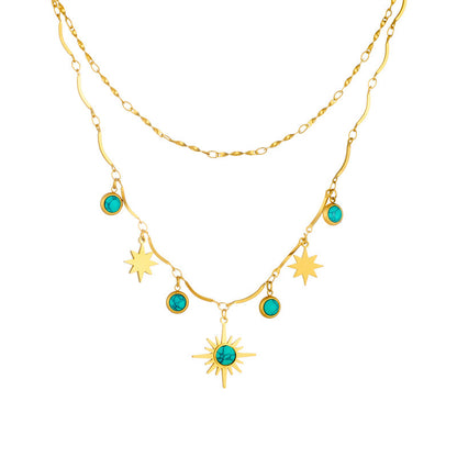 Retro Turquoise Eight-pointed Stars Clavicle Necklace Double Layer