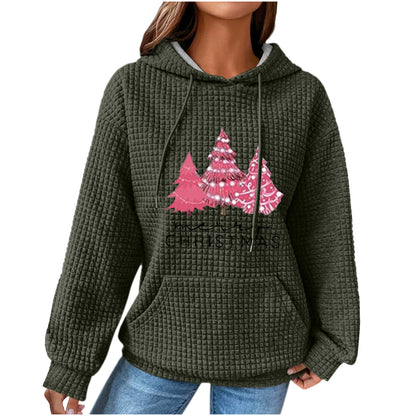 Women's Hooded Long-sleeved Patchwork Waffle Sweater