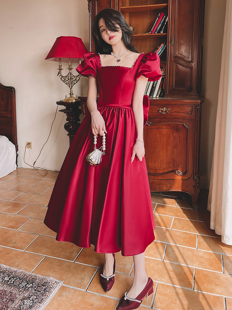 Winter Wine Red Engagement Daily French Princess On The Run Satin Dress