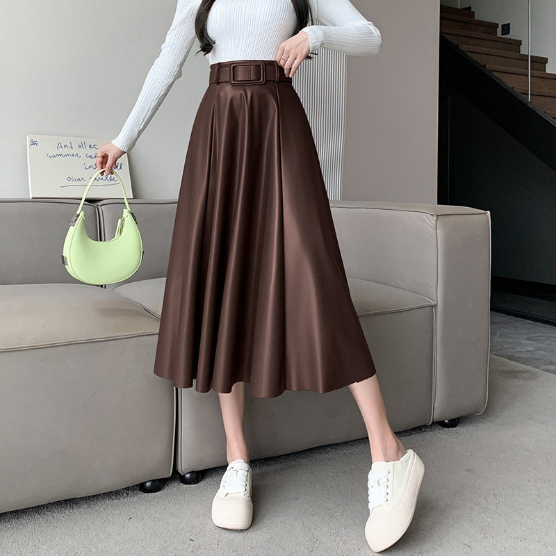 Women's A- Line High Waist Leather Skirt Midi Skirt