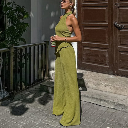 Fashion Green Suit Halter Backless Commuter Two-piece Set For Women