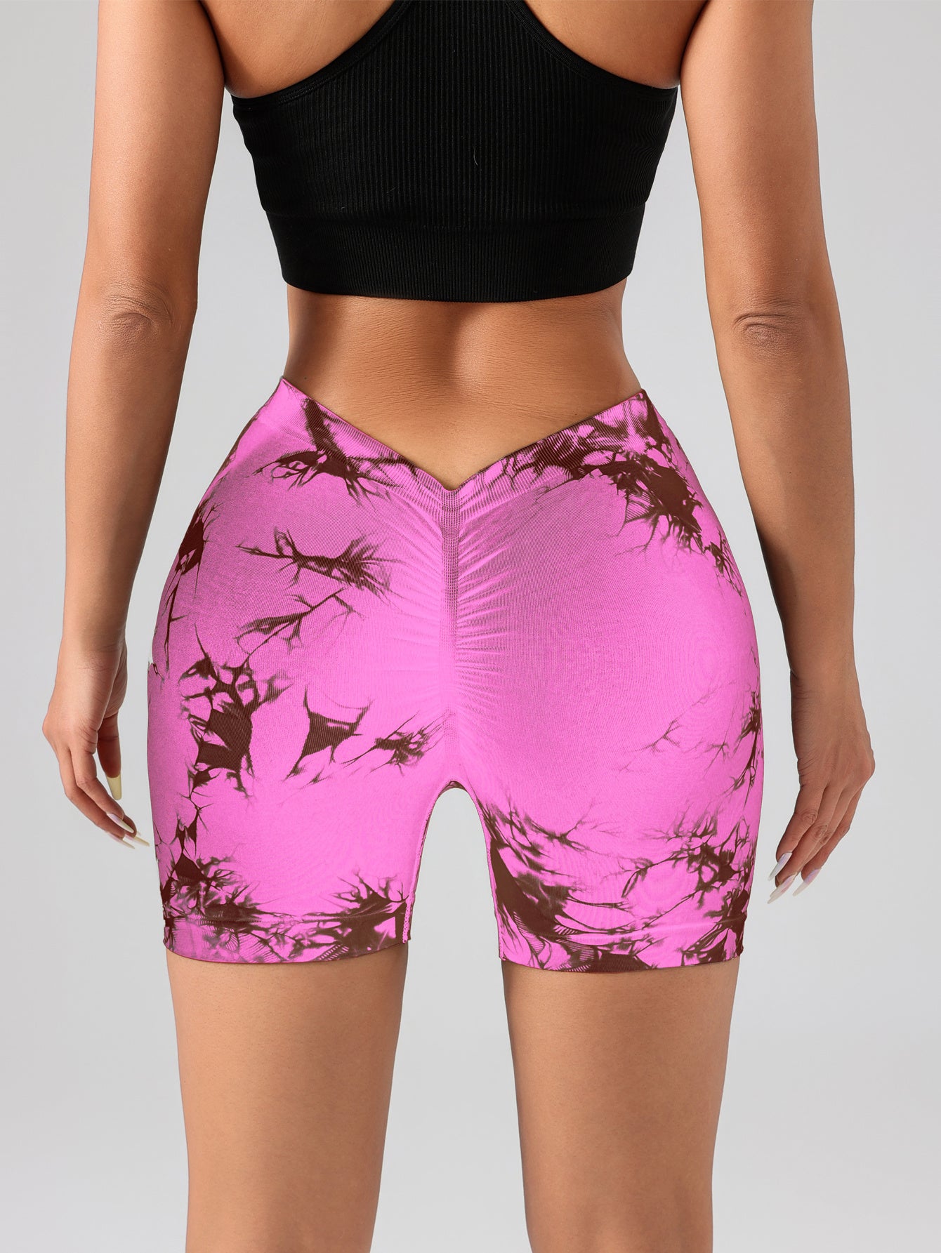 Damen Batik-Yoga-Shorts mit hoher Taille und V-Rücken, Scrunch-Yoga-Shorts, nahtlose Sport-Shorts mit Stretch-Stoff, Fitness-Workout-Hose