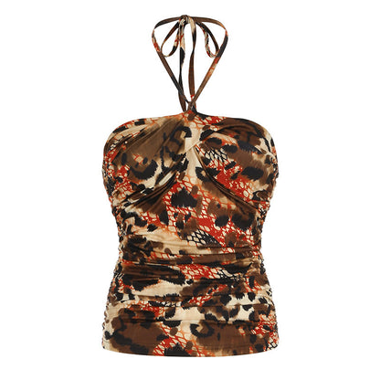 European And American Retro Printed Sexy Backless Halter Vest