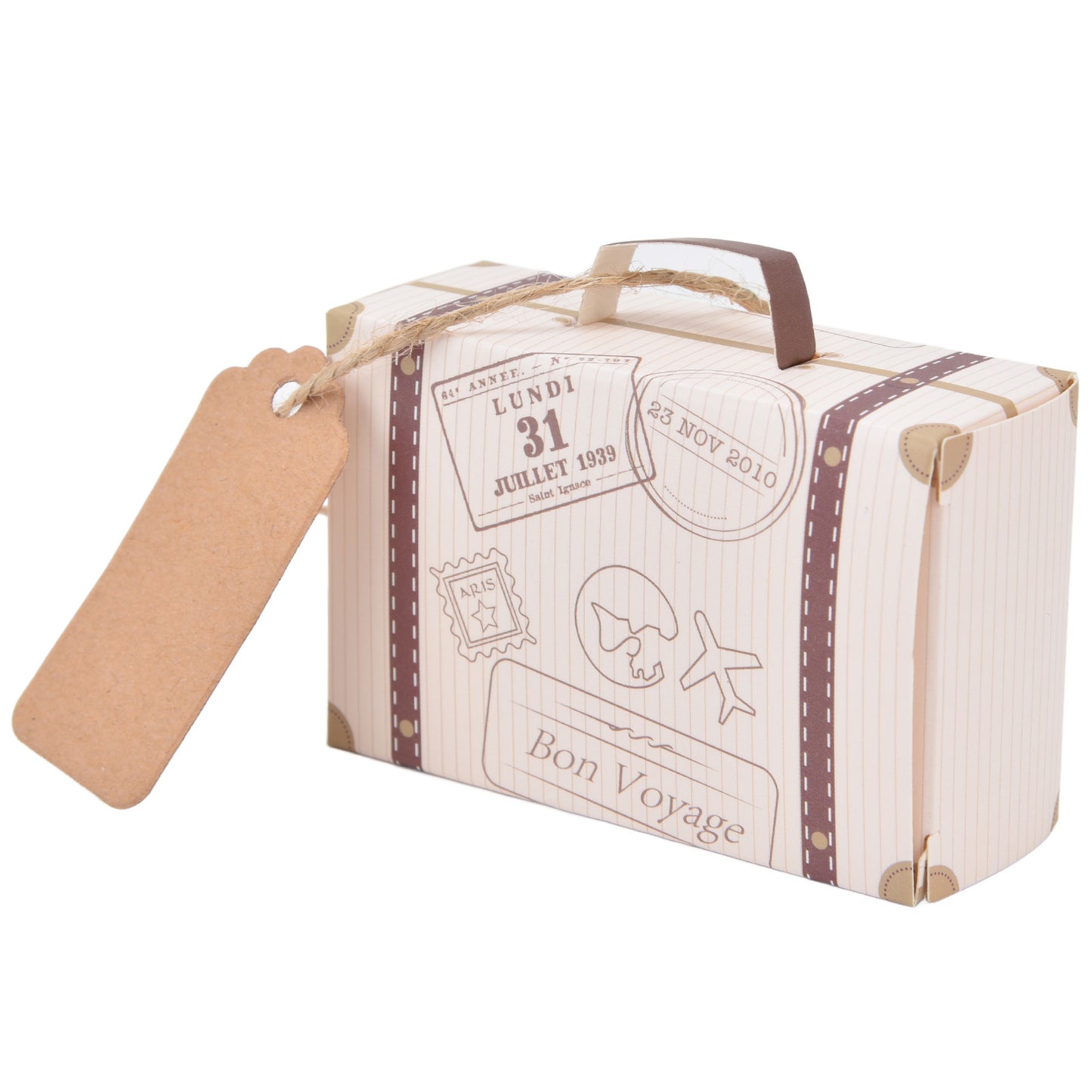 50 Sets Travel Themed Suitcase Shape Candy Boxes Party Favor Candy Box Vintage Kraft Paper Gift Bag for Wedding Birthday