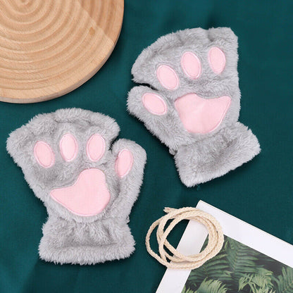 Women Plush Cat Paw Claw Gloves Warm Bear Paw Fingerless Mittens Winter Gloves