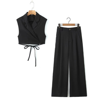 Women's V-neck Vest Short High Waist Straight-leg Pants Suit