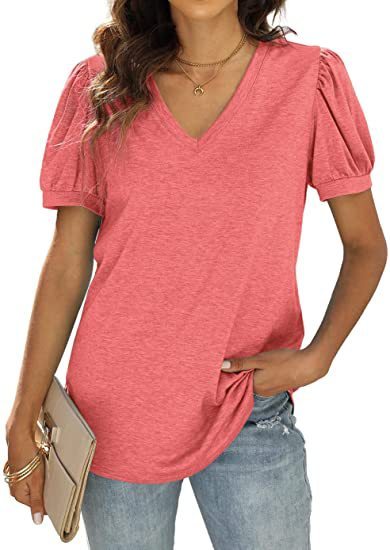 European And American Summer Casual V-neck Solid Color Puff Sleeve Loose T-shirt For Women