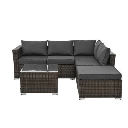 Mobilier de terasă, mobilier de exterior, mobilier sezonier din răchită PE, 4 set de mobilier din răchită cu măsuță de cafea din sticlă temperată