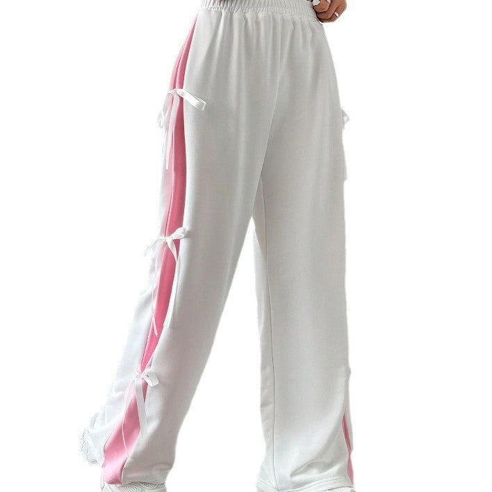 Women's Elastic Waist Contrast Color Straight-leg Trousers