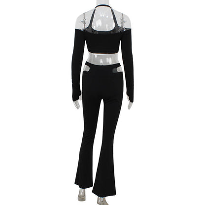 Long Sleeve Off-shoulder Cross-halterneck Short Top High Waist Flared Pants Slim Fit Suit