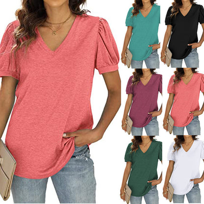 European And American Summer Casual V-neck Solid Color Puff Sleeve Loose T-shirt For Women