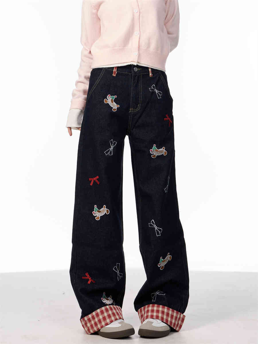 Vintage Bow Puppy Embroidered Wide Leg High Waist Jeans