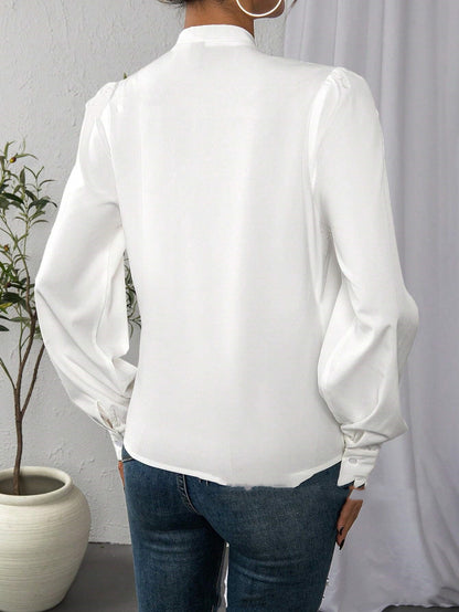 Casual Long Sleeve V-neck White Shirt Top Solid Color