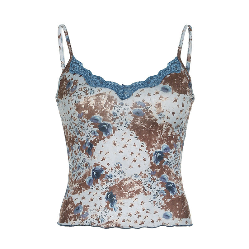 Floral Print Vest Lace Print Top For Women